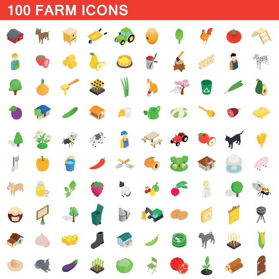 100 farm icons set, isometric 3d style vector