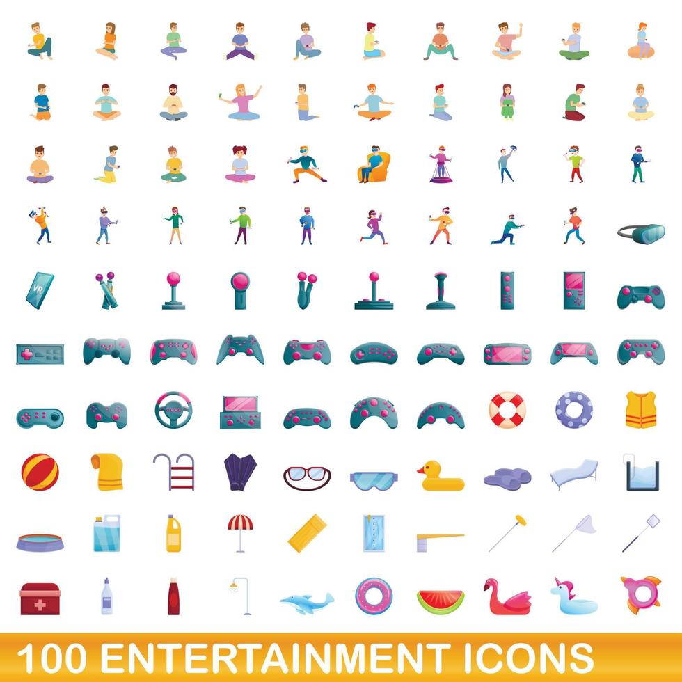 100 iconos de entretenimiento, estilo de dibujos animados vector