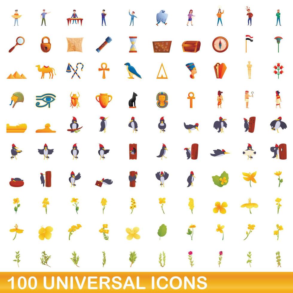 100 iconos universales, estilo de dibujos animados vector