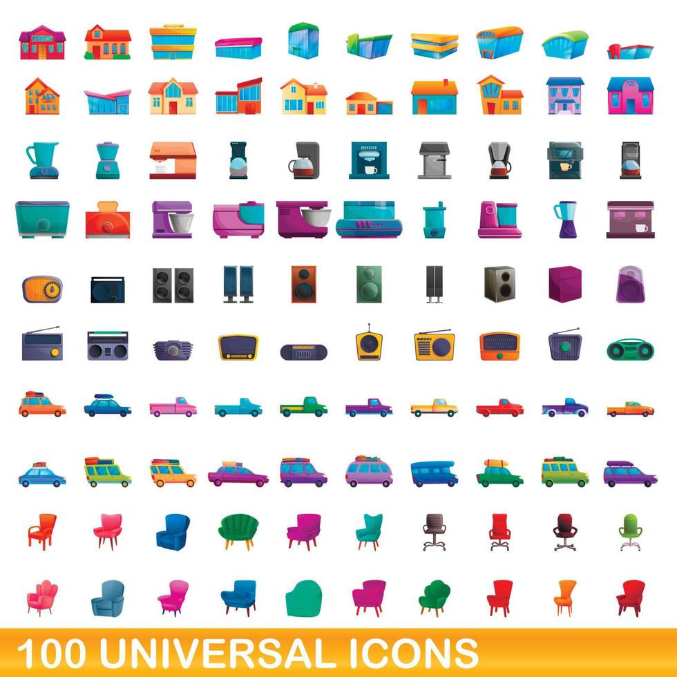 100 universal icons set, cartoon style vector