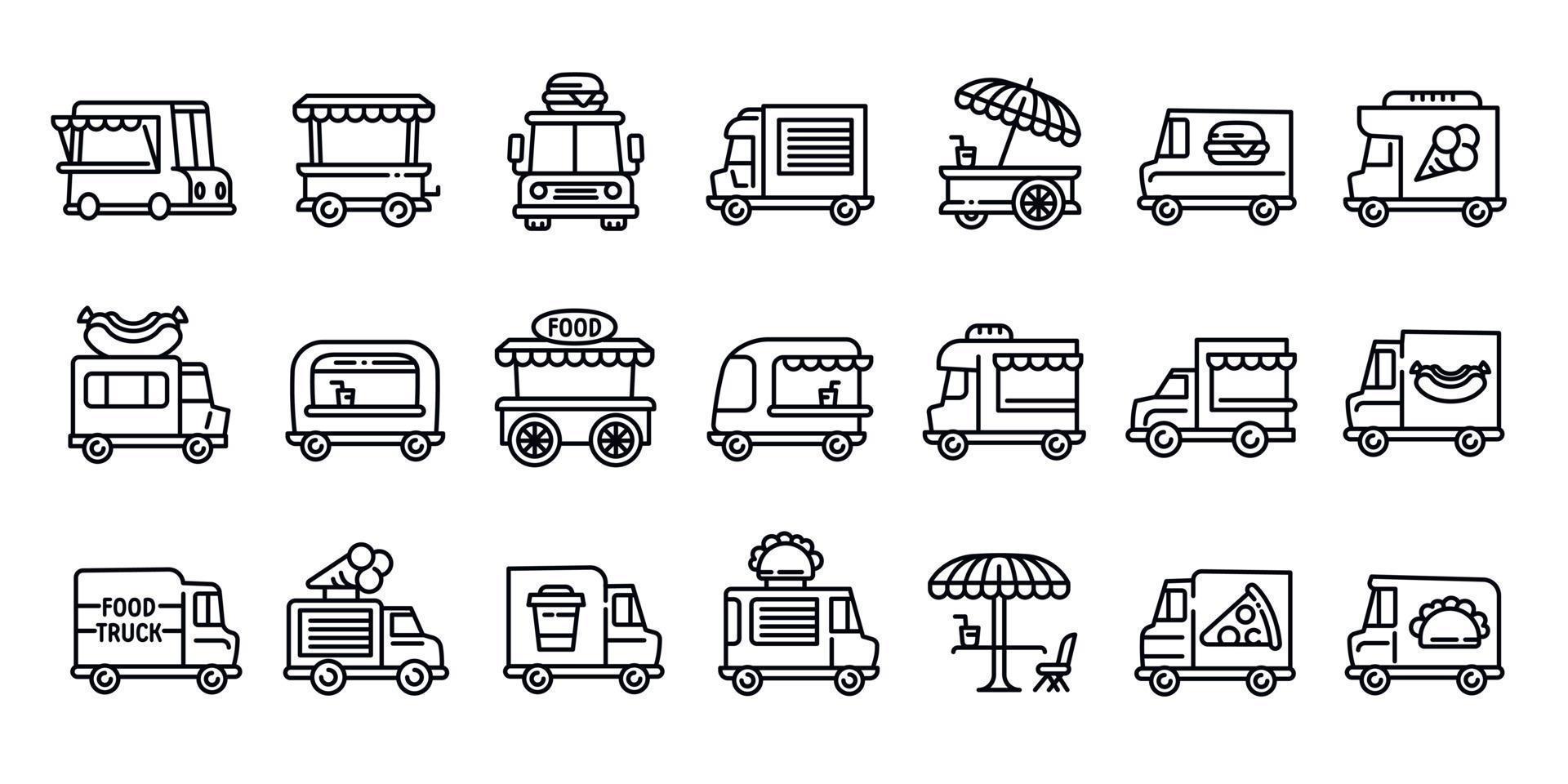 conjunto de iconos de camiones de comida, estilo de esquema vector