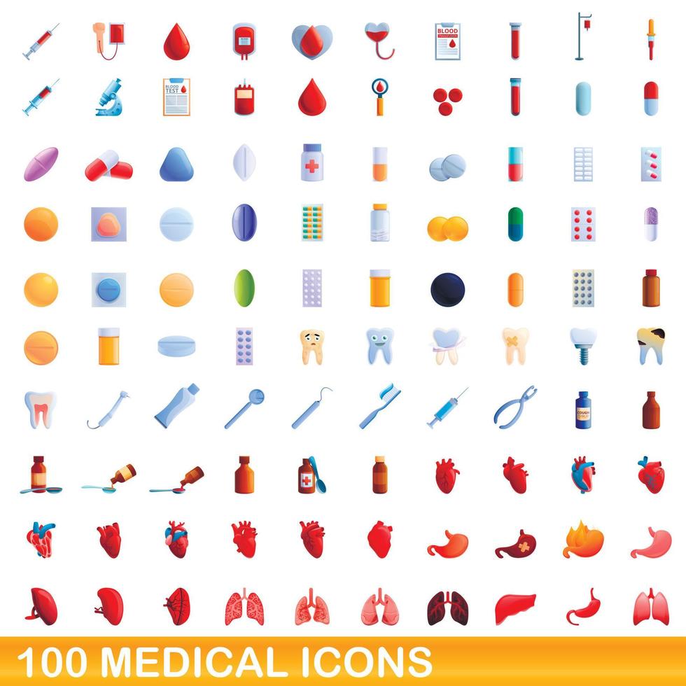 100 iconos médicos, estilo de dibujos animados vector