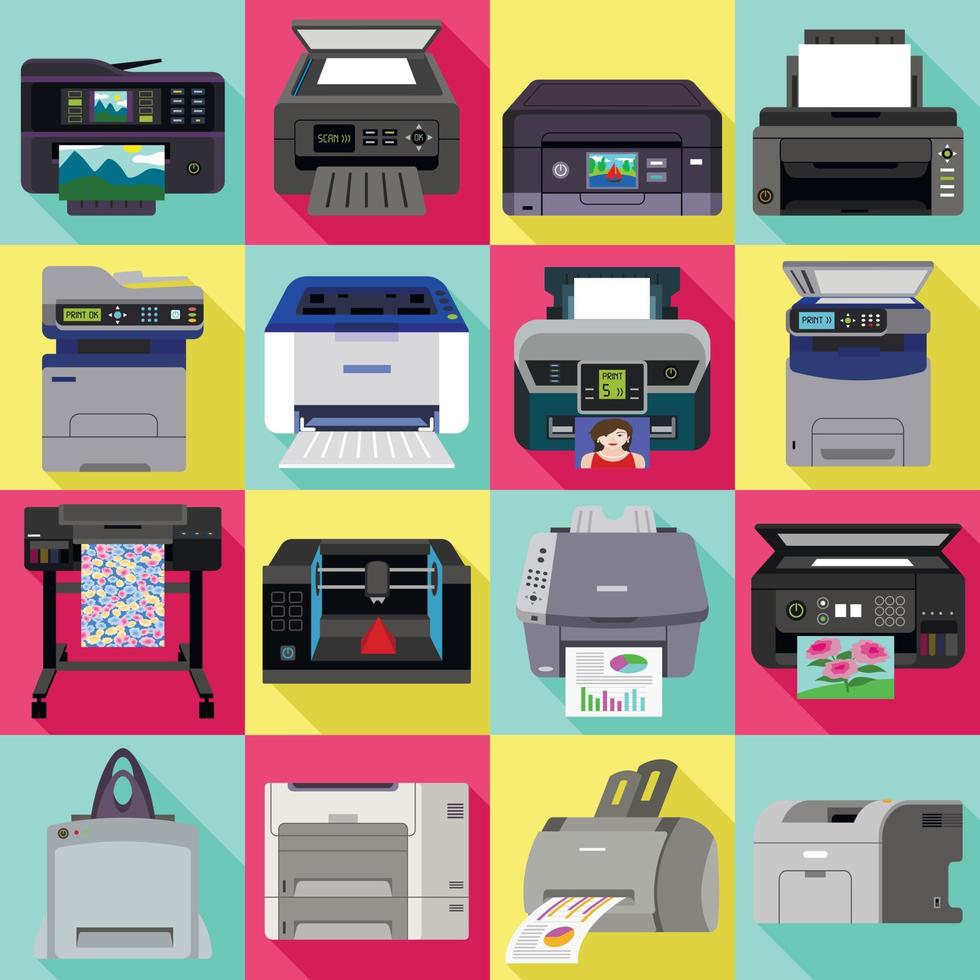 Printer icons set, flat style vector