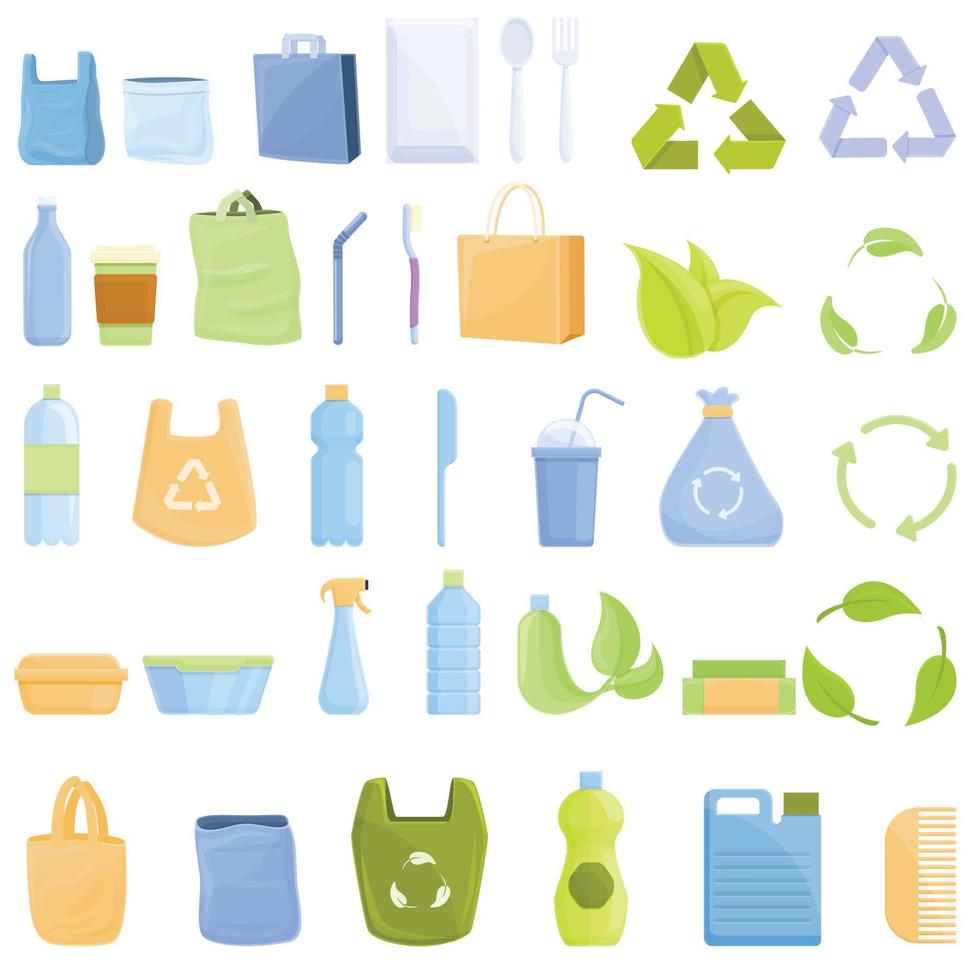 Biodegradable plastic icons set, cartoon style vector