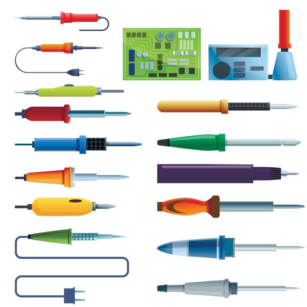 Soldering iron icons set, cartoon style vector