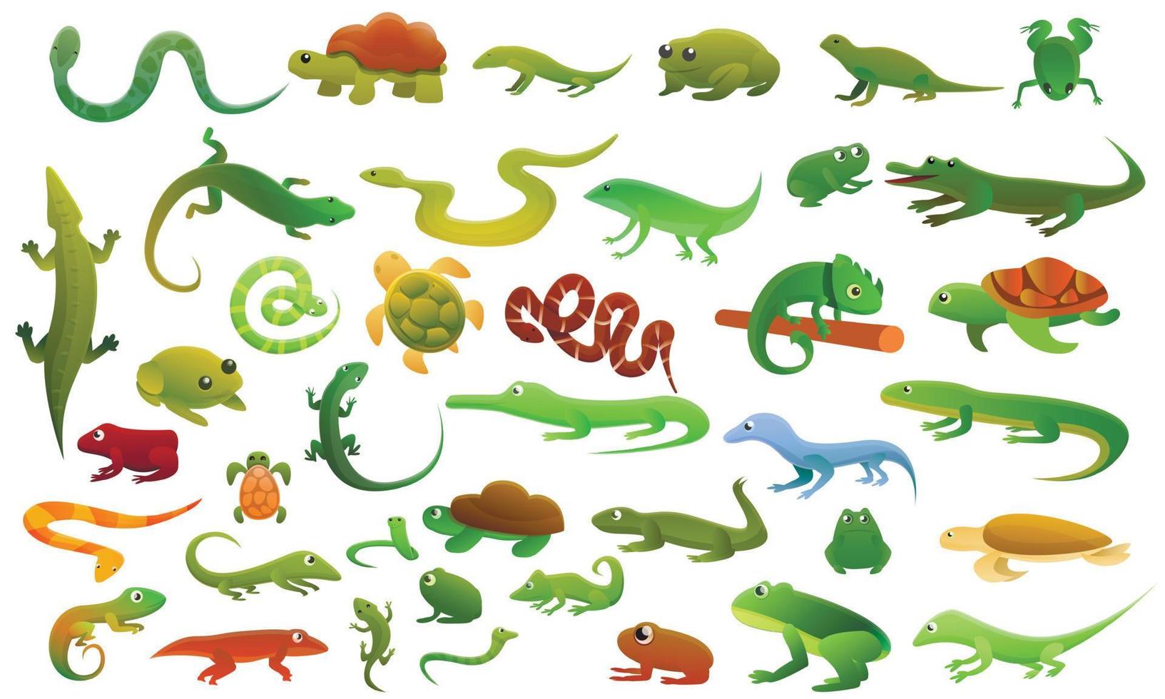 reptiles anfibios, conjunto de iconos de estilo de dibujos animados vector