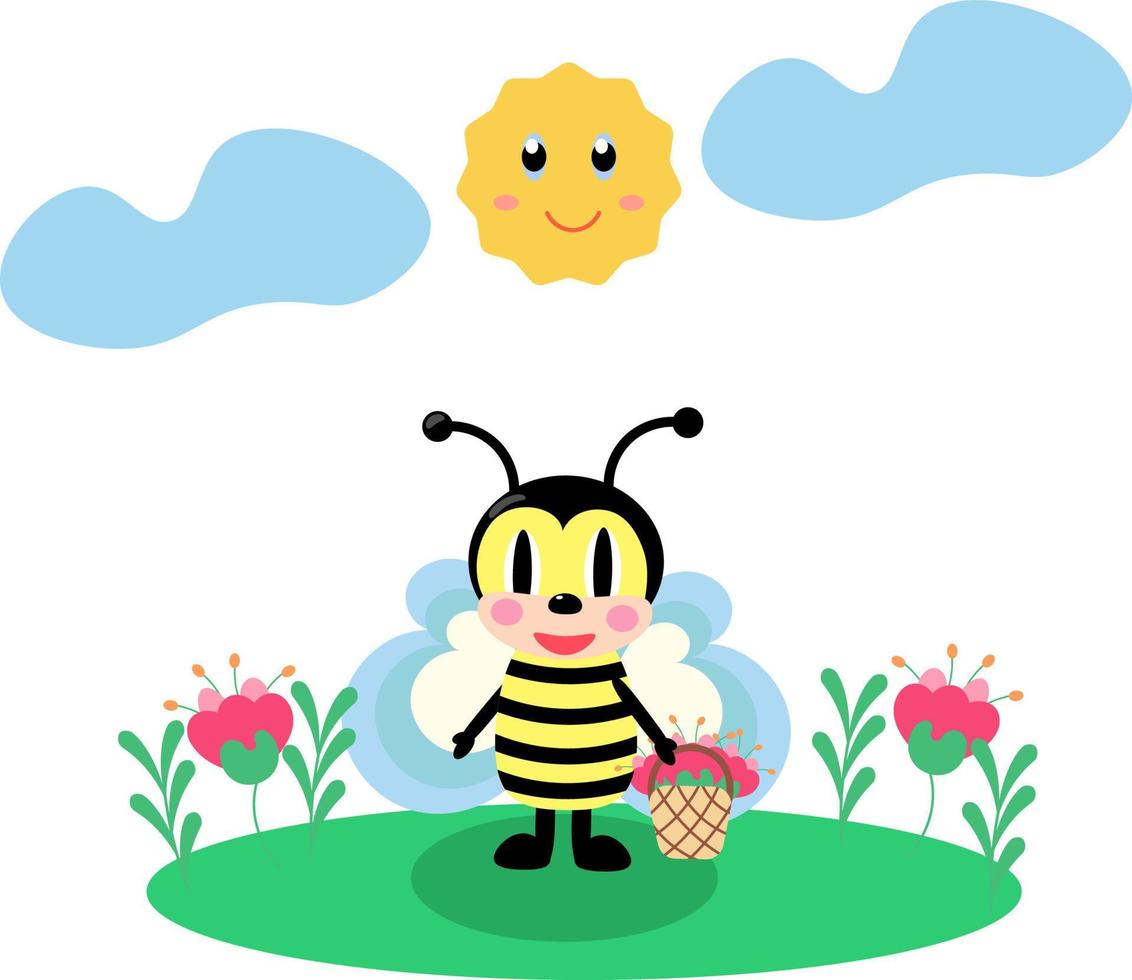 Cute bee with a basket of flowers in a flower meadow. Vector flat cartoon illustration.
