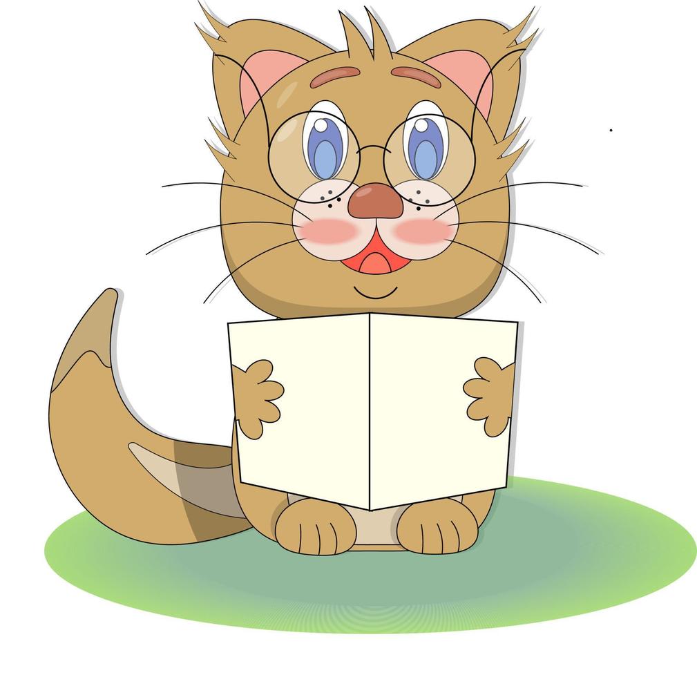 Cute kitten reading a book or newspaper, vector cartoon illustration