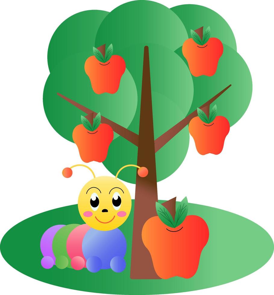 Cute caterpillar and juicy apple. Background apple tree. Vector cartoon illustration.