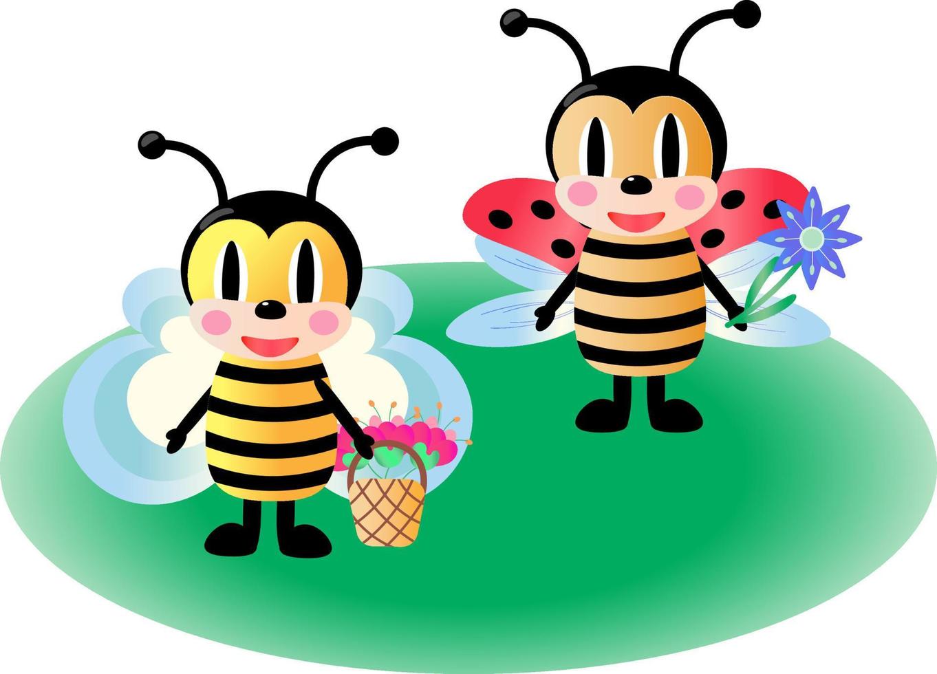 linda abeja y mariquita. césped verde y flores. ilustración de dibujos animados de vector aislado sobre fondo blanco.