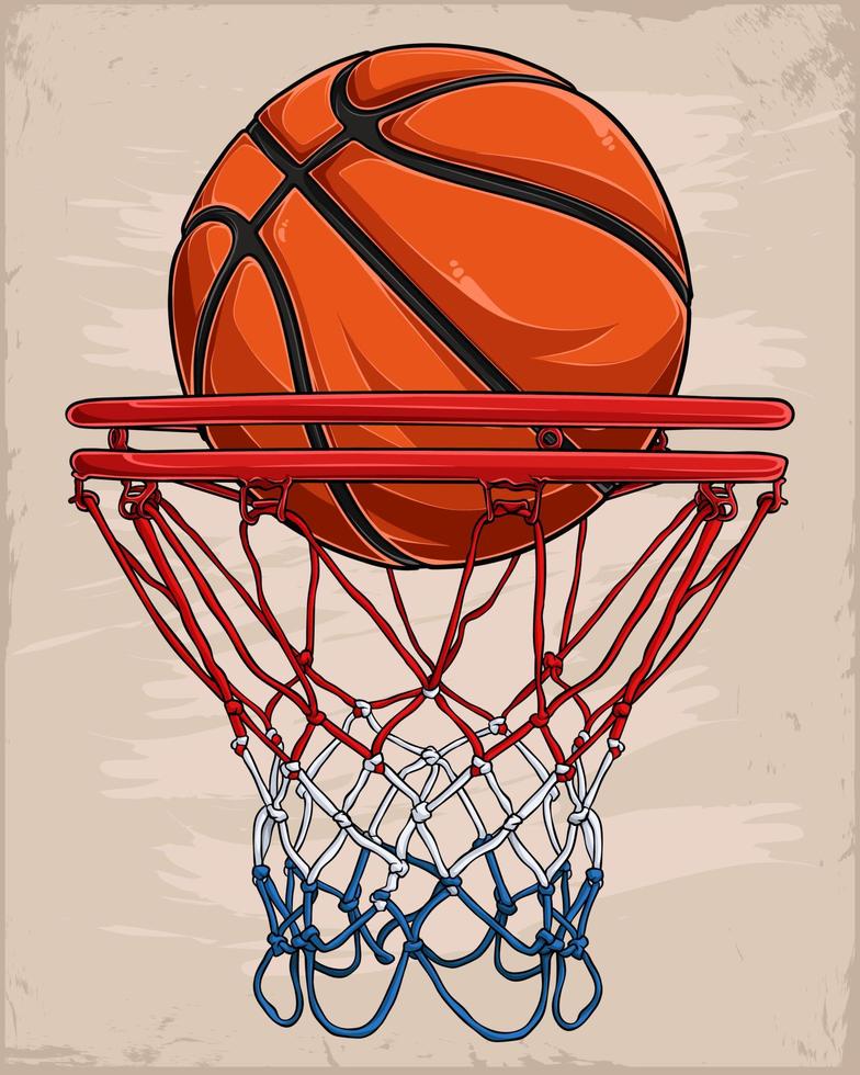 tiro de baloncesto perfecto dibujado a mano con anillo de baloncesto de fondo vintage y pelota dentro vector