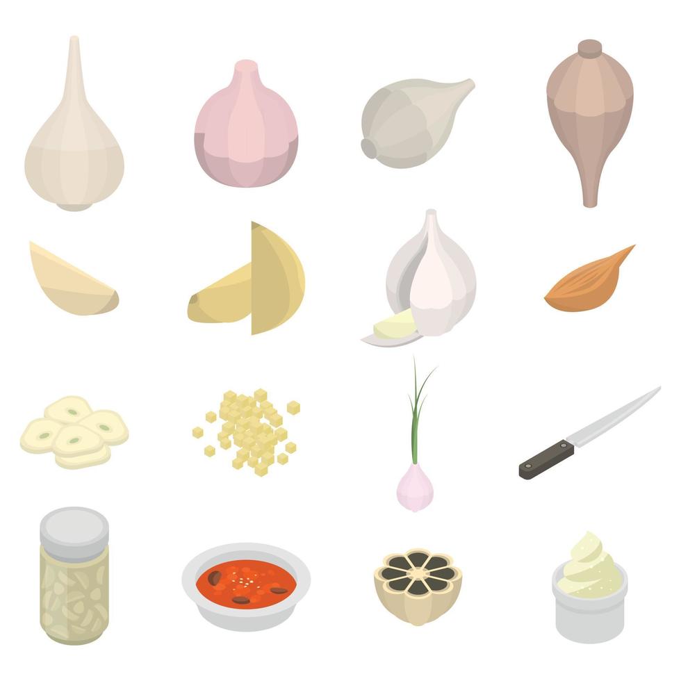 Garlic icons set, isometric style vector