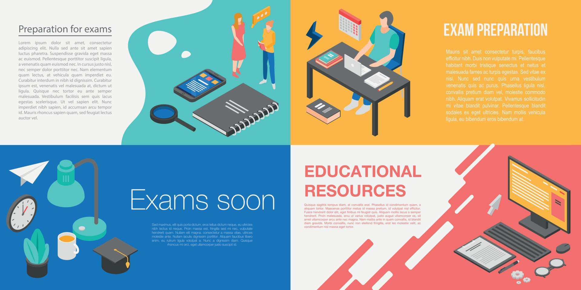 Preparation for exams banner set, isometric style vector