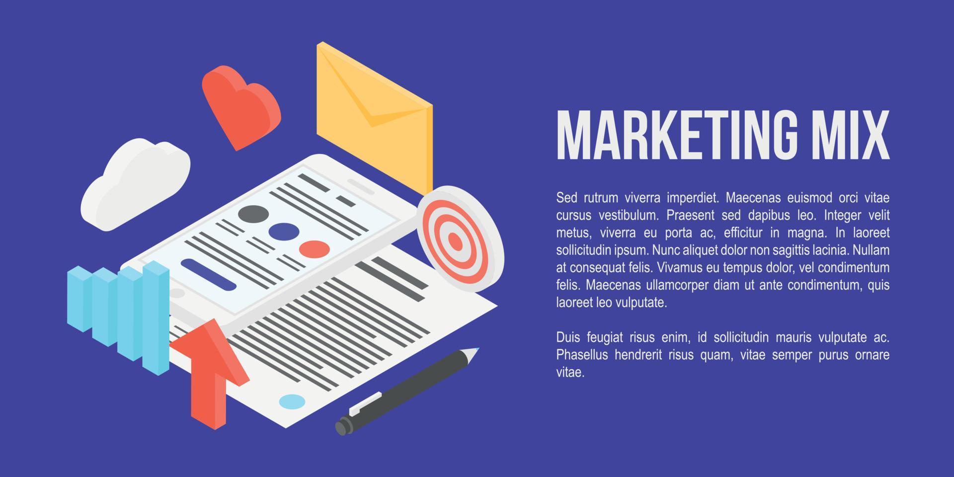 banner de concepto de mezcla de marketing, estilo isométrico vector