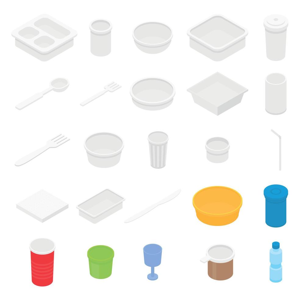 Plastic tableware icons set, isometric style vector