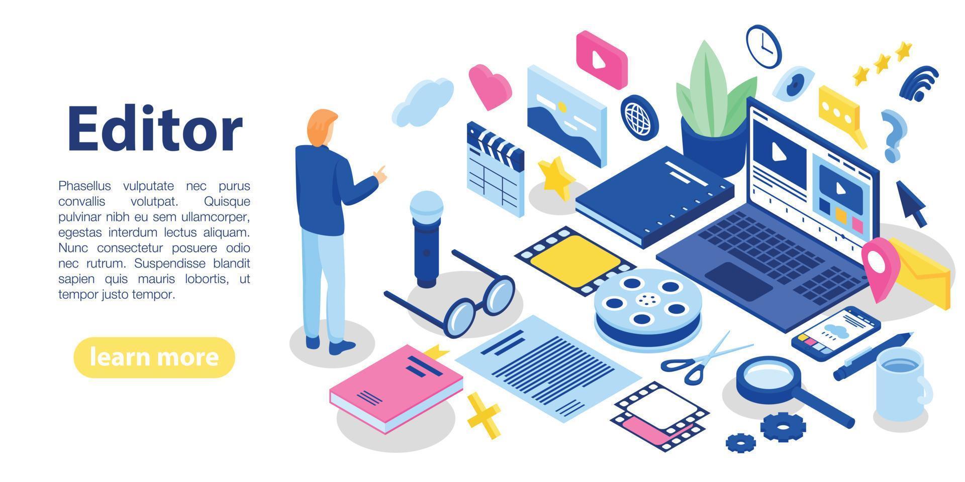 Editor text concept banner, isometric style vector