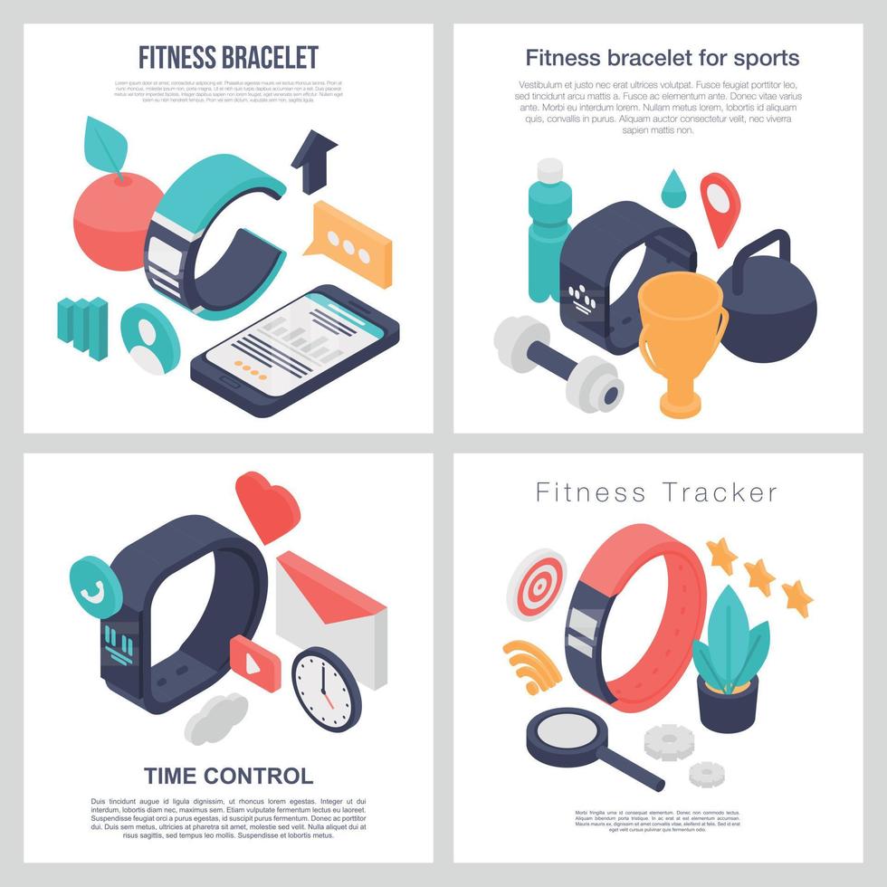 Fitness bracelet accessory banner set, isometric style vector