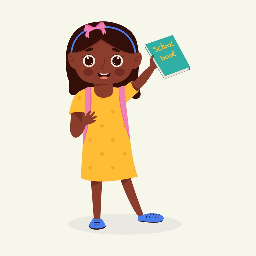 School kid with school supplies. Kid with backpack and book. Colorful cartoon character. Flat vector illustration.