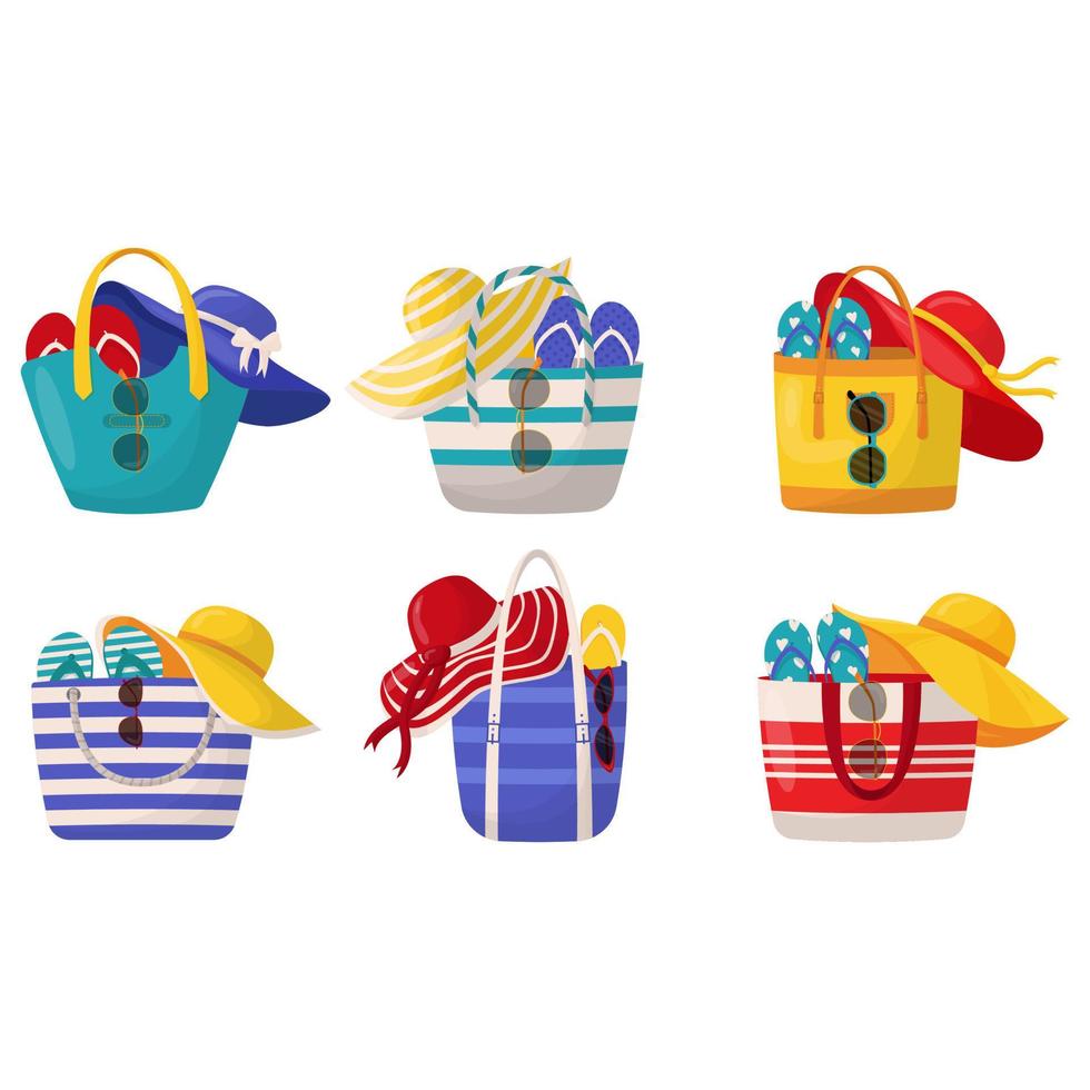 Set of colorful women's summer bags with beach accessories. Set of summer design elements. vector