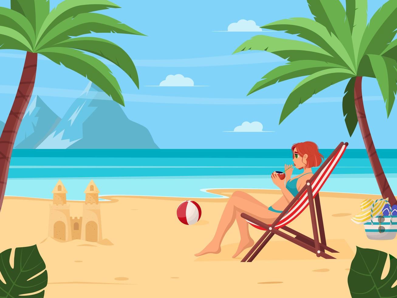 Summer vacation concept background. Beautiful summer beach landscape with sea, palm trees, sand castle. A girl is resting on a chaise longue. Flat vector illustration for poster, banner, flyer.