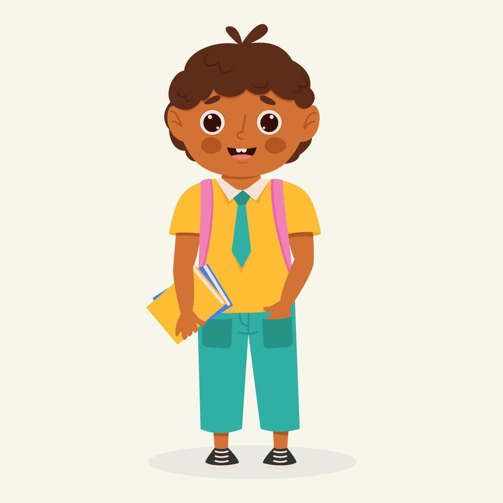 niño de la escuela con útiles escolares. niño con mochila y libro. personaje de dibujos animados coloridos. ilustración vectorial plana. vector