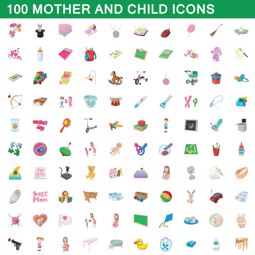 100 iconos de madre e hijo, estilo de dibujos animados vector