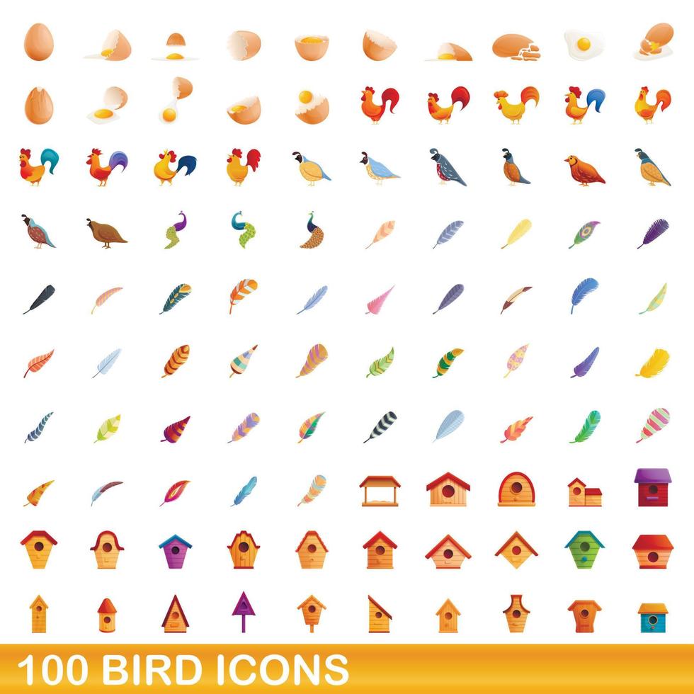 100 iconos de aves, estilo de dibujos animados vector