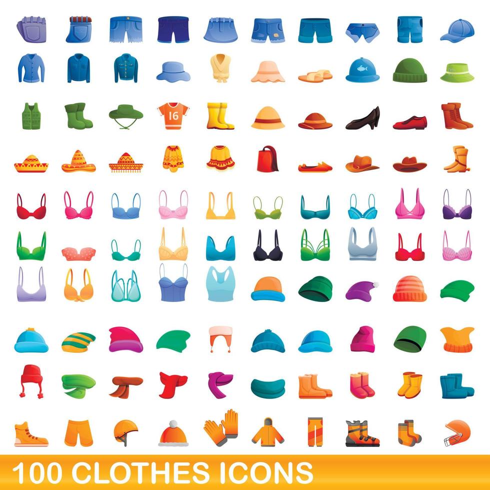 100 iconos de ropa, estilo de dibujos animados vector