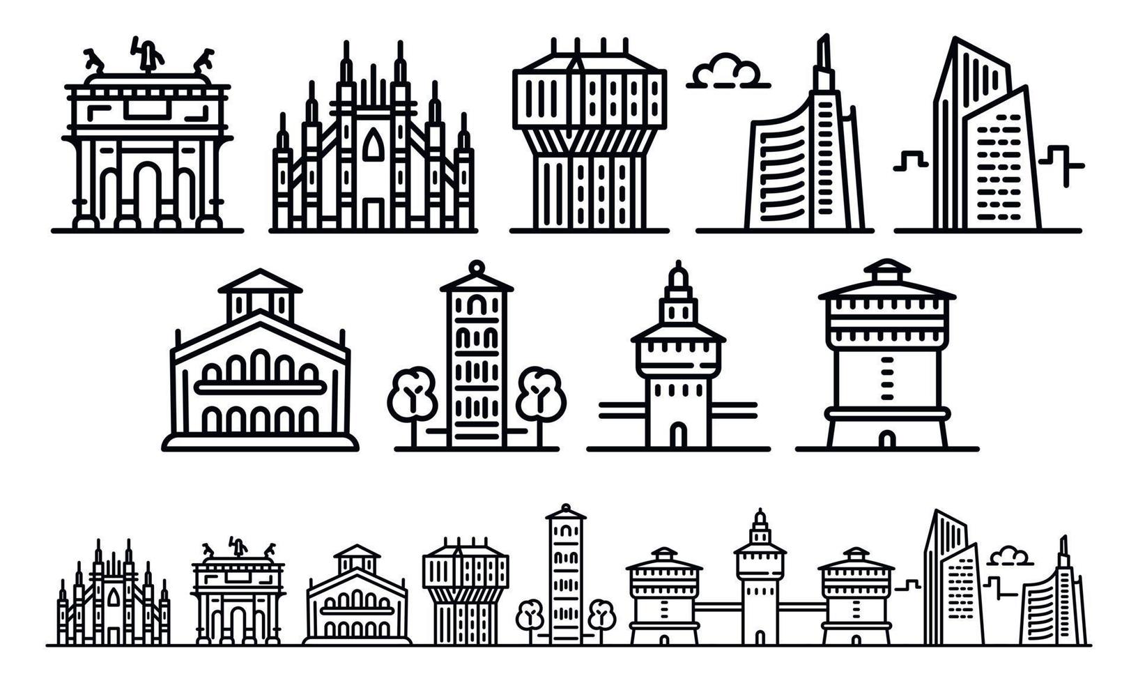 Milan icons set, outline style vector