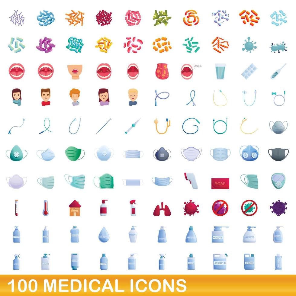 100 medical icons set, cartoon style vector