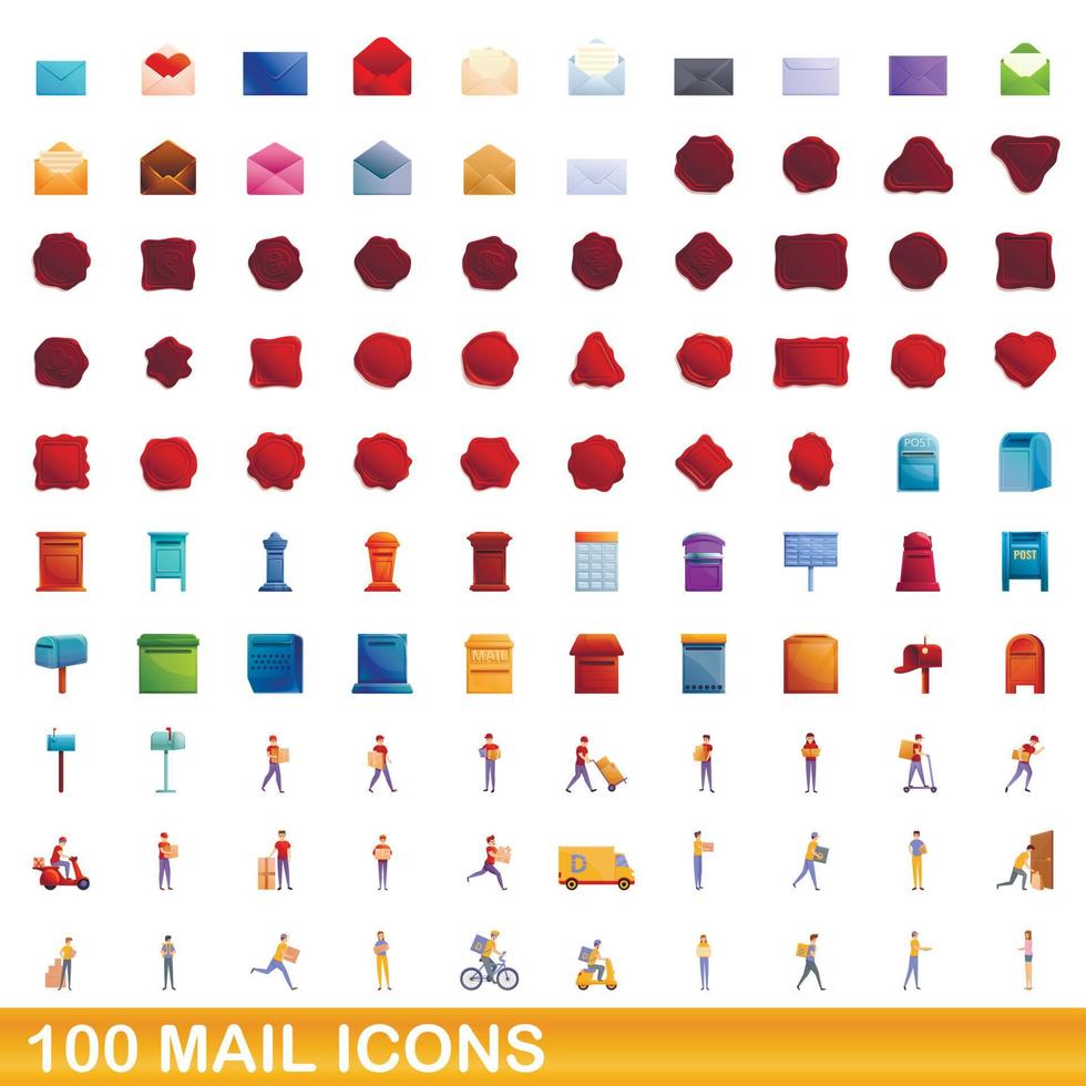 100 mail icons set, cartoon style vector