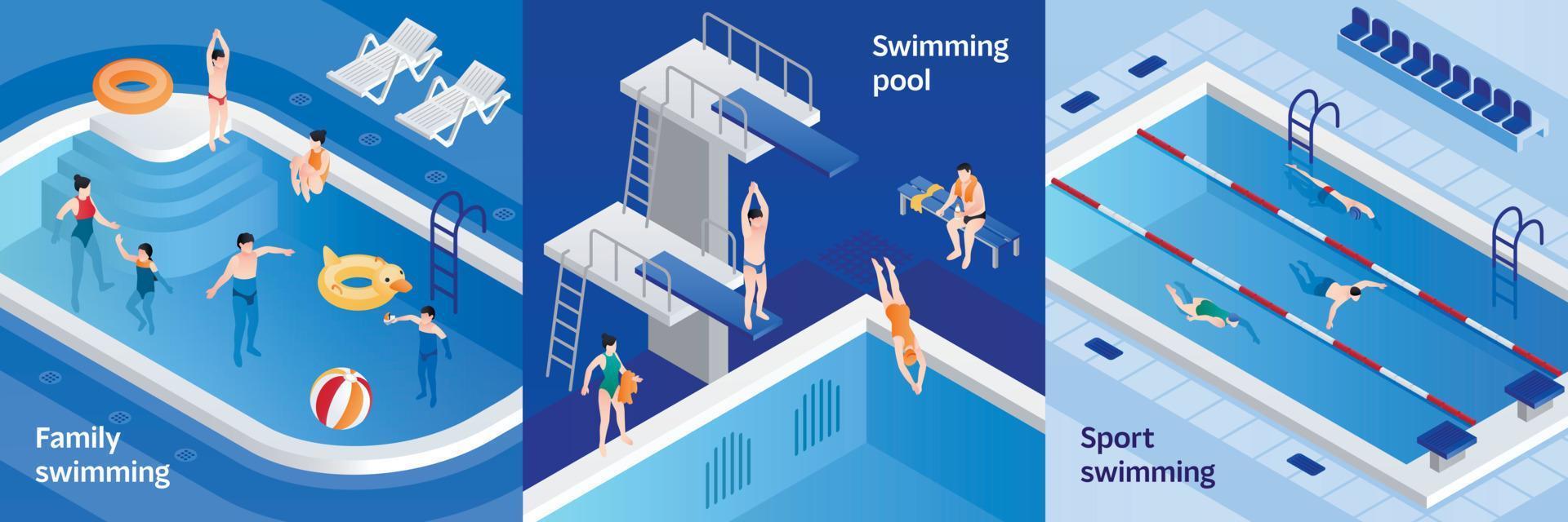 Pool equipment banner set, isometric style vector