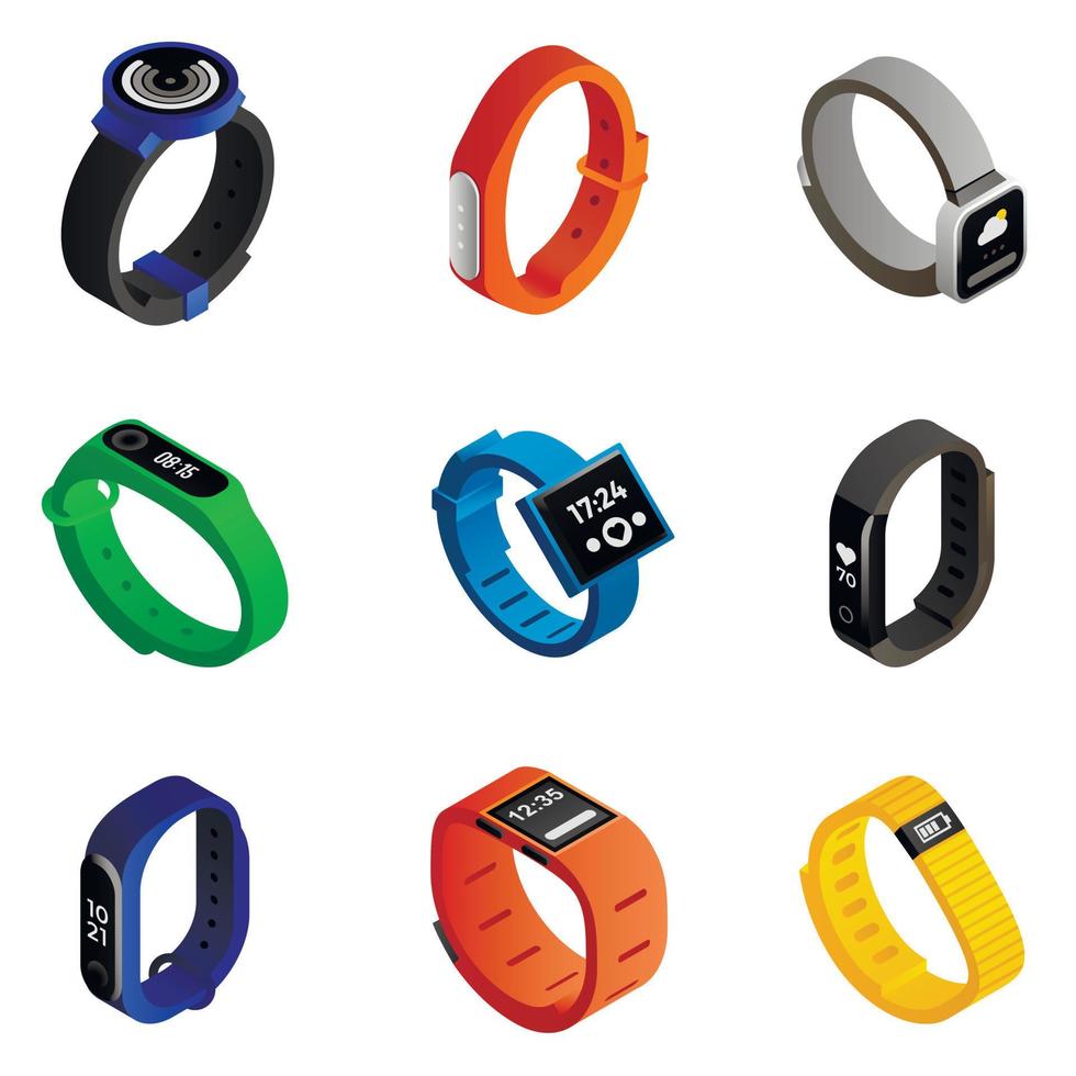 Fitness tracker icons set, isometric style vector