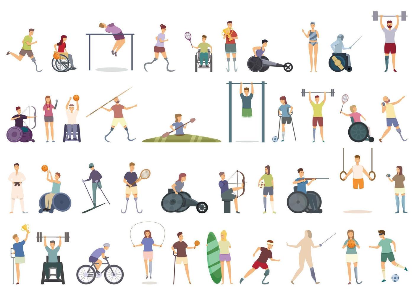 iconos deportivos discapacitados establecen vector de dibujos animados. atleta con discapacidad