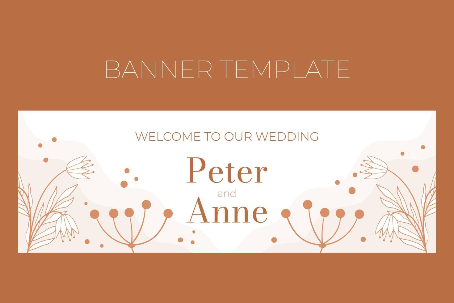 plantilla de banner horizontal de boda floral en estilo garabato, bienvenido a nuestra boda, diseño de tarjeta de invitación flores beige y blancas, hojas y bayas. patrón de marco decorativo y corona. vector