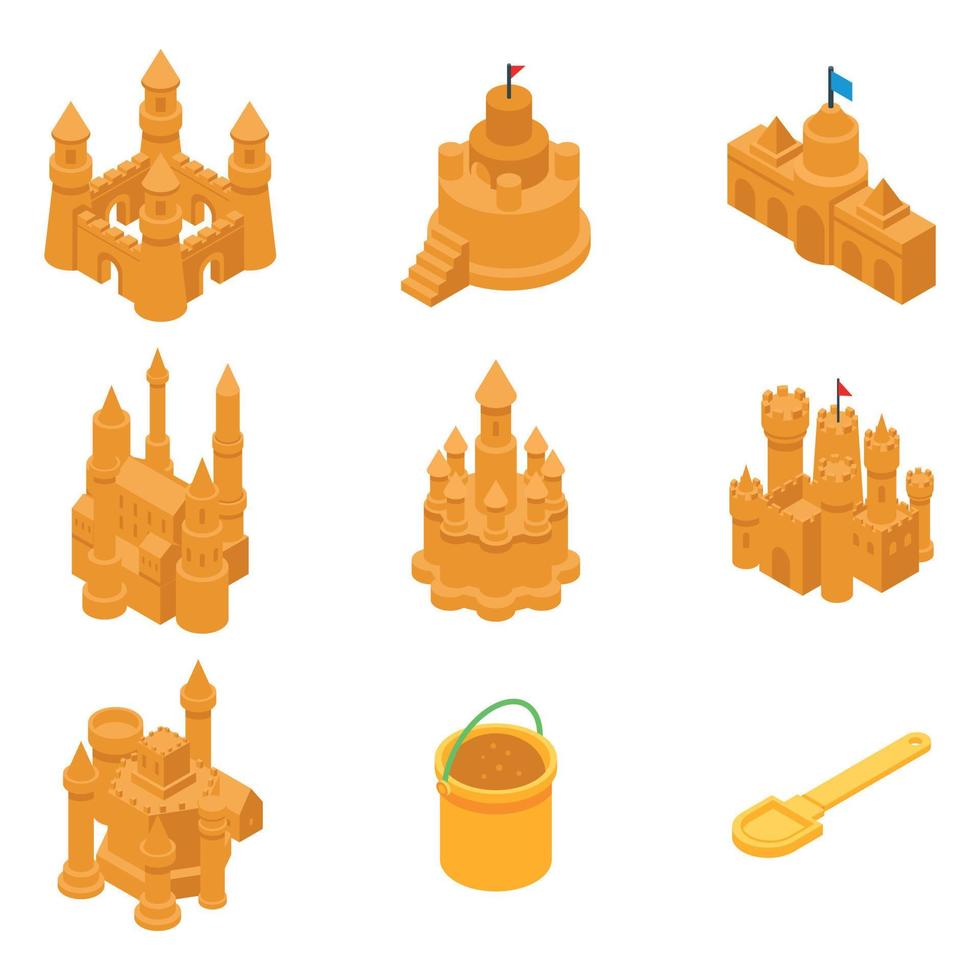 conjunto de iconos de arena de castillo, estilo isométrico vector