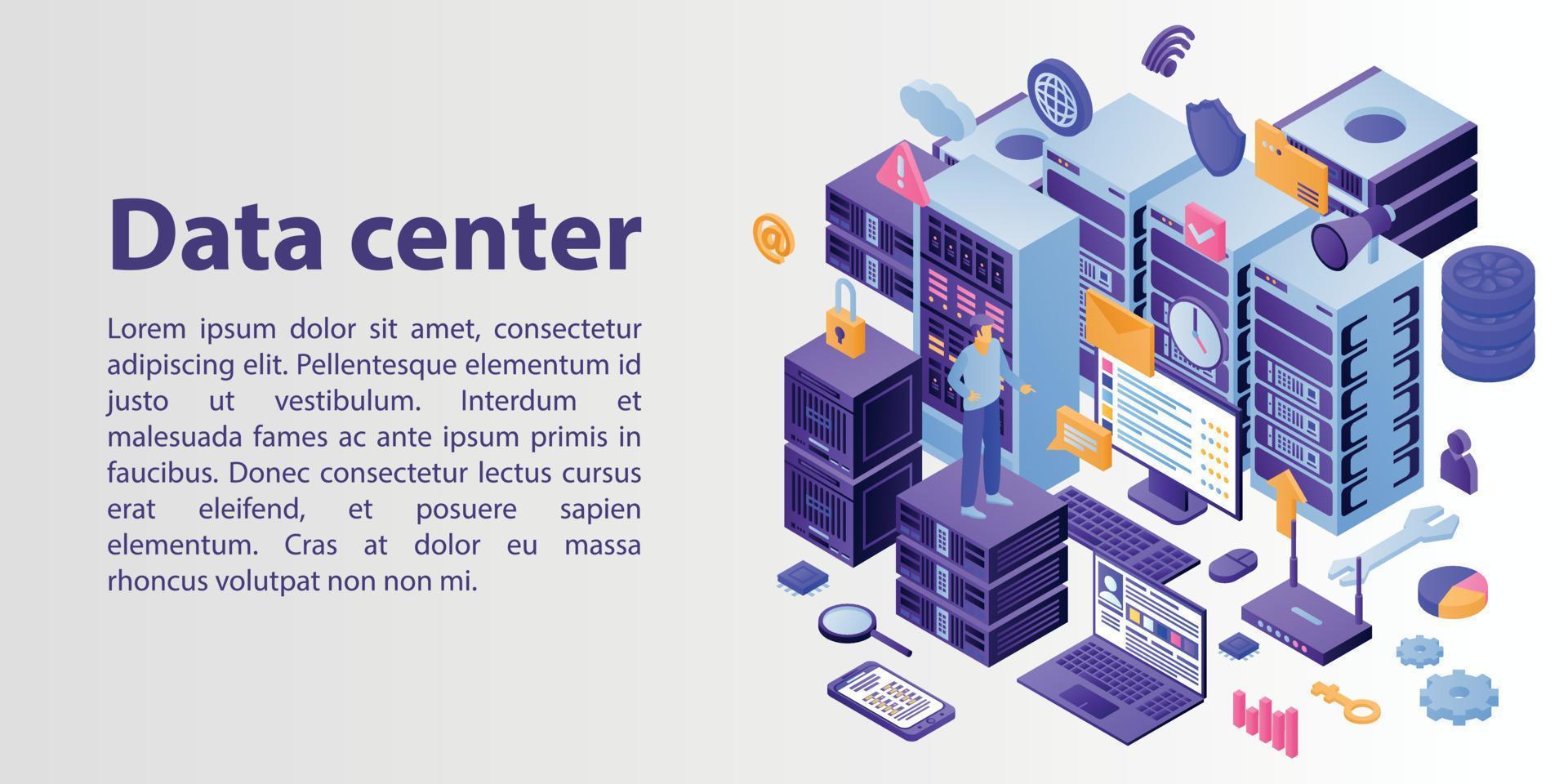 Data center network concept banner, isometric style vector