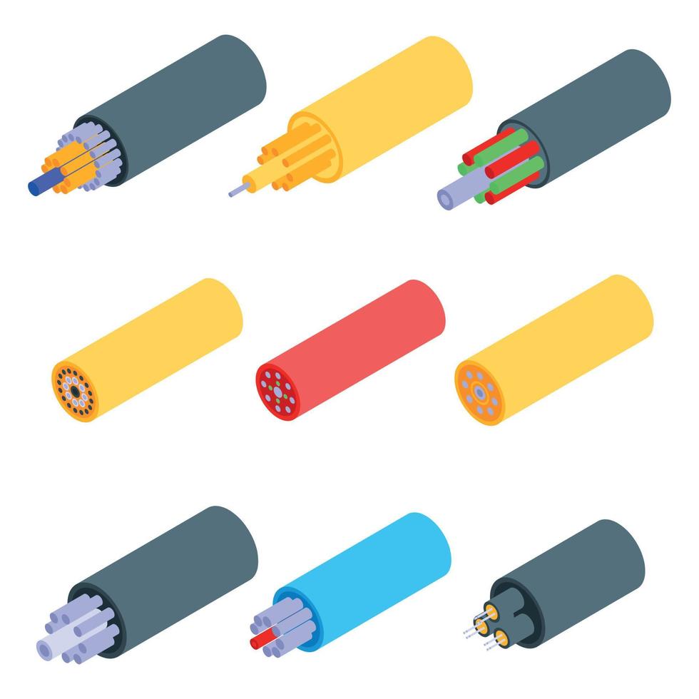 Optical fiber icons set, isometric style vector