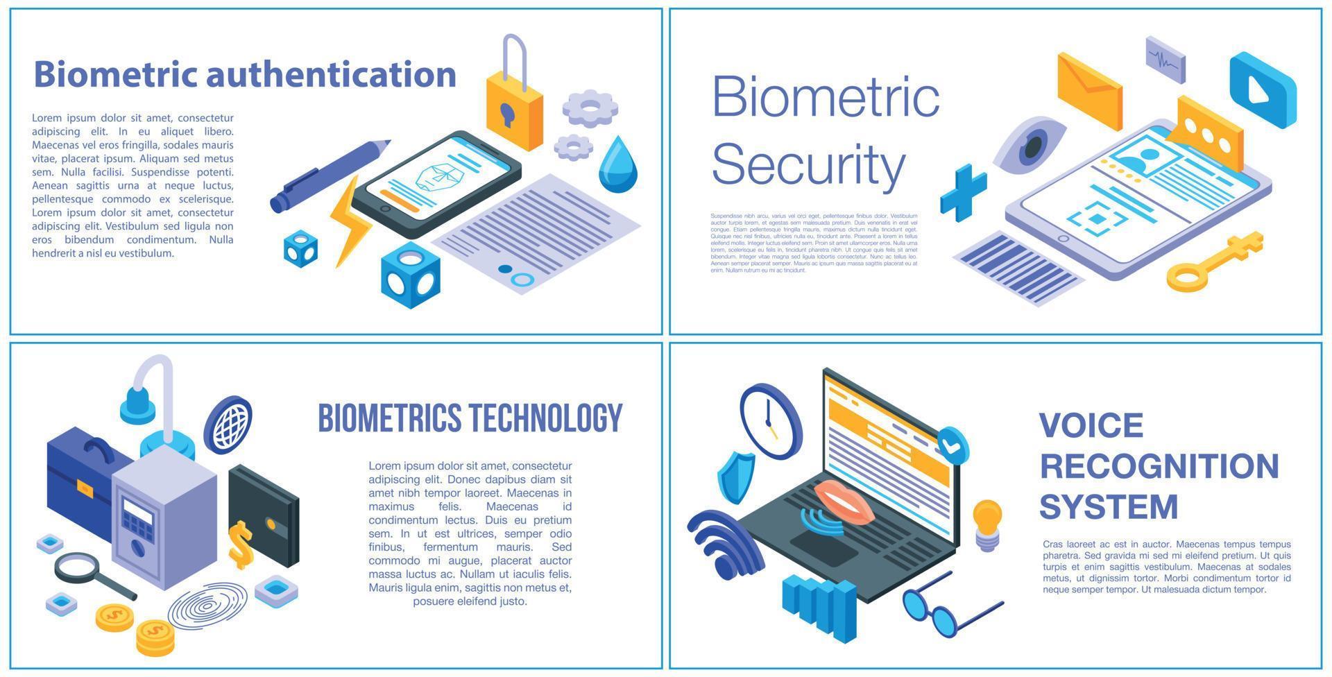 conjunto de banners de autenticación biométrica, estilo isométrico vector