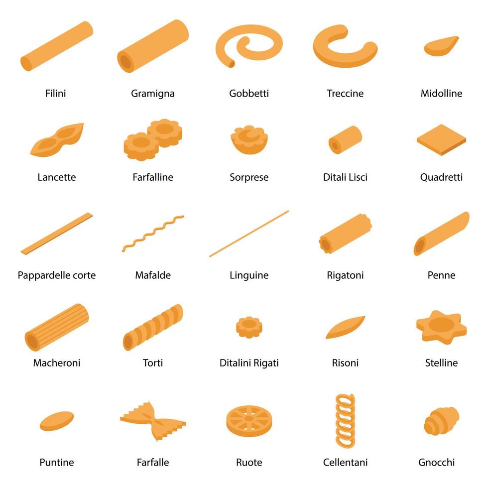 Fusilli pasta icons set, isometric style vector