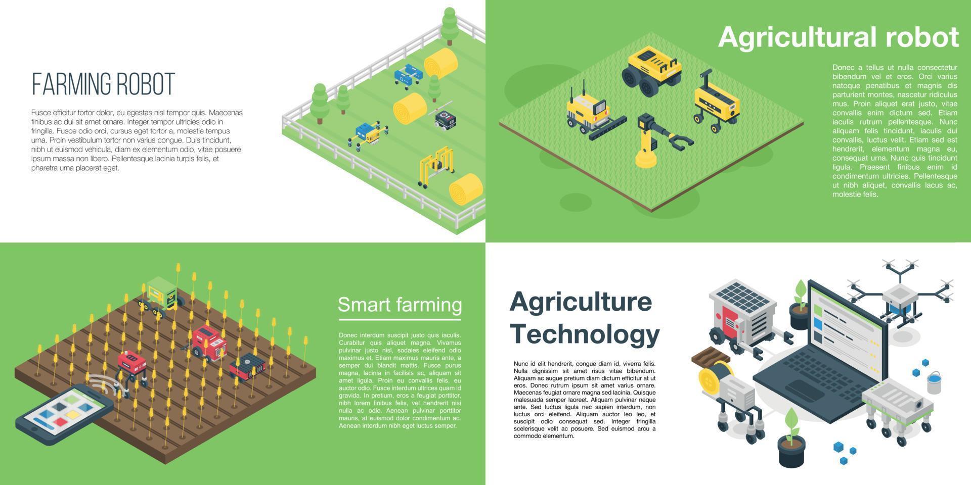 Agricultural robot banner set, isometric style vector