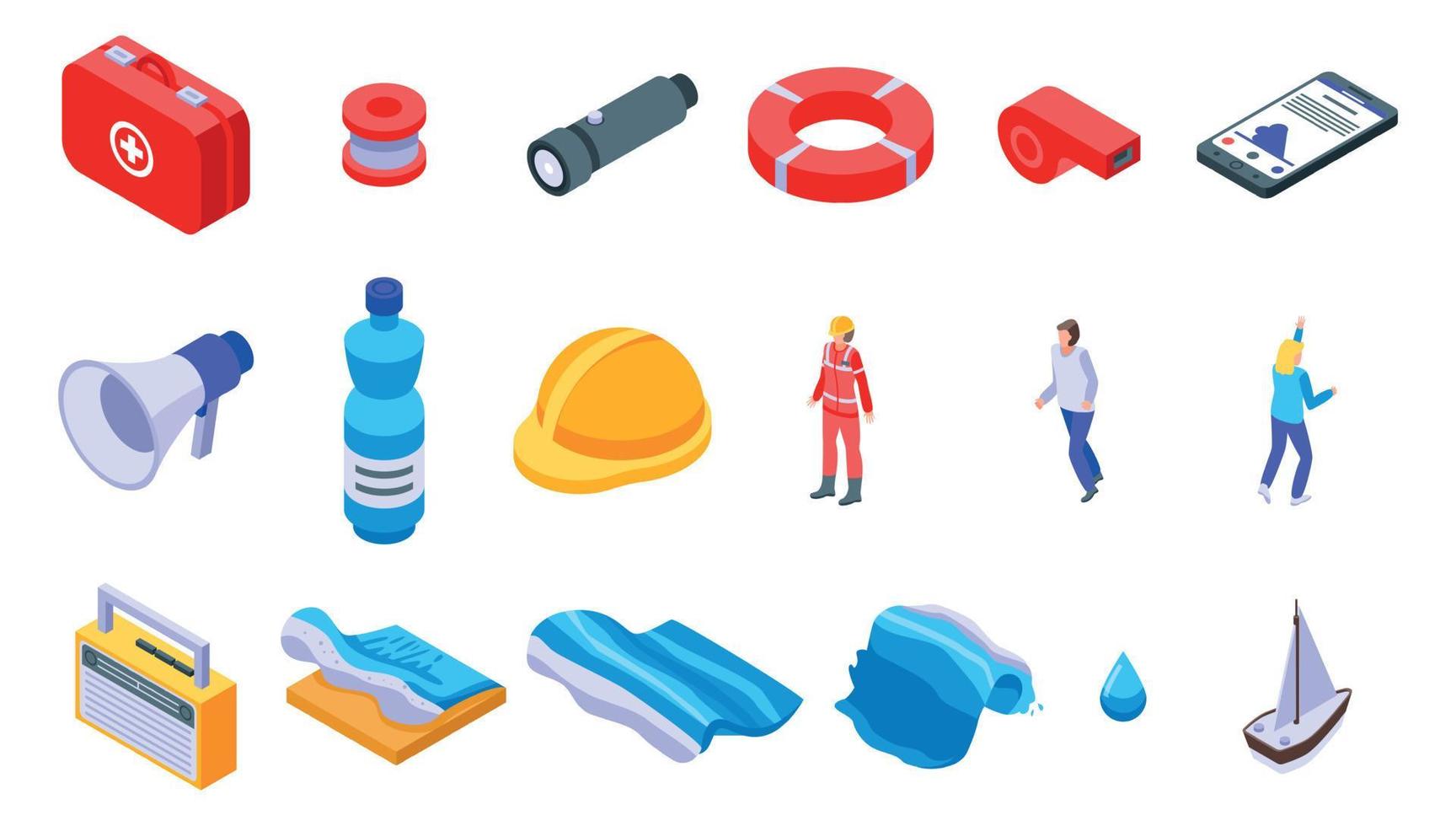 Tsunami icons set, isometric style vector