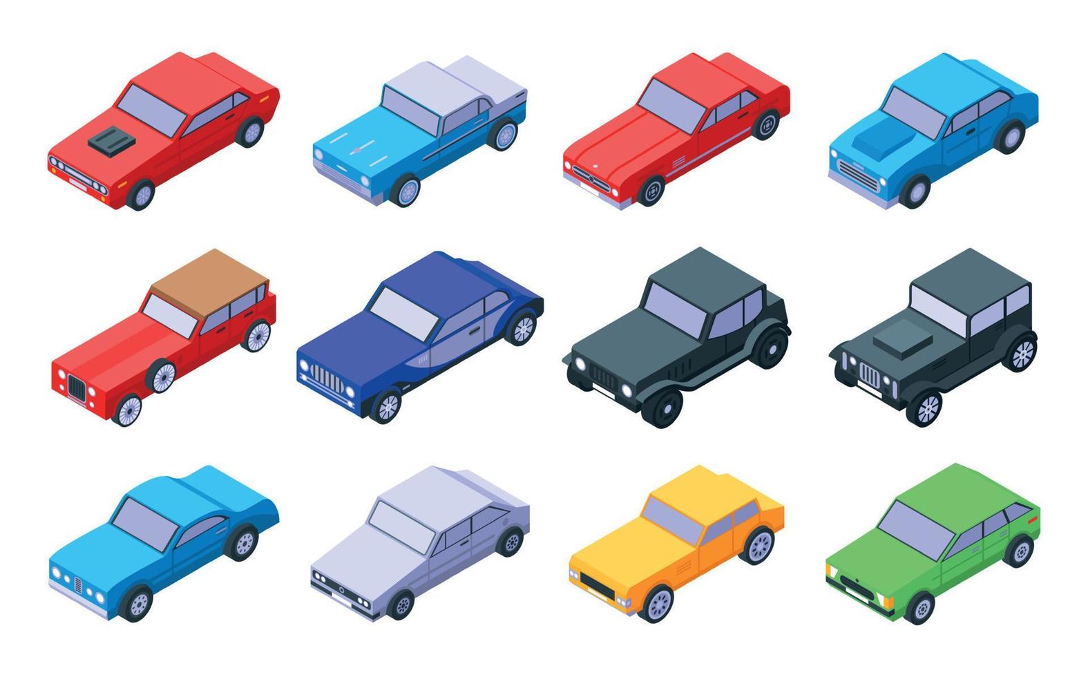 Conjunto de iconos antiguos de coche, estilo isométrico vector