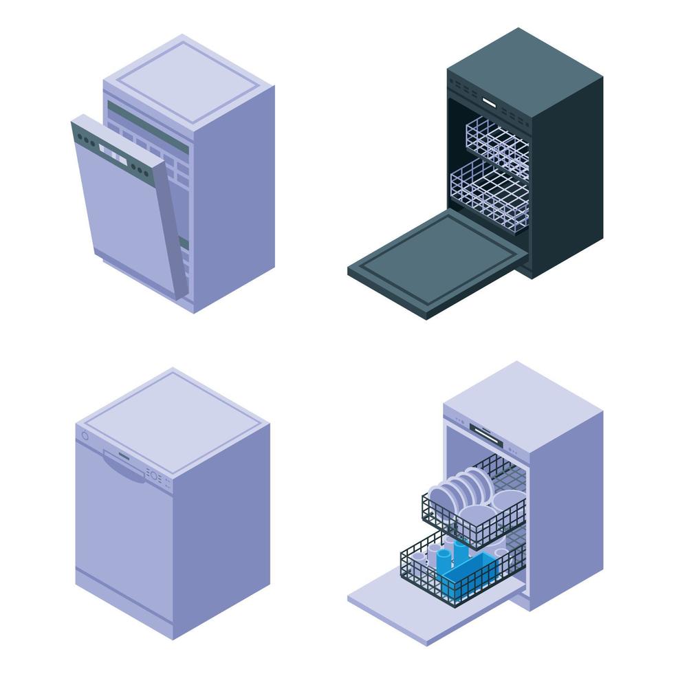 Dishwasher icons set, isometric style vector