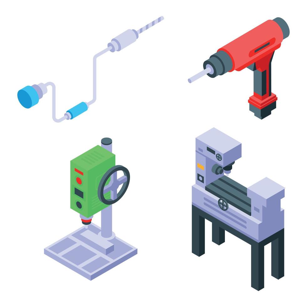 Drilling machine icons set, isometric style vector