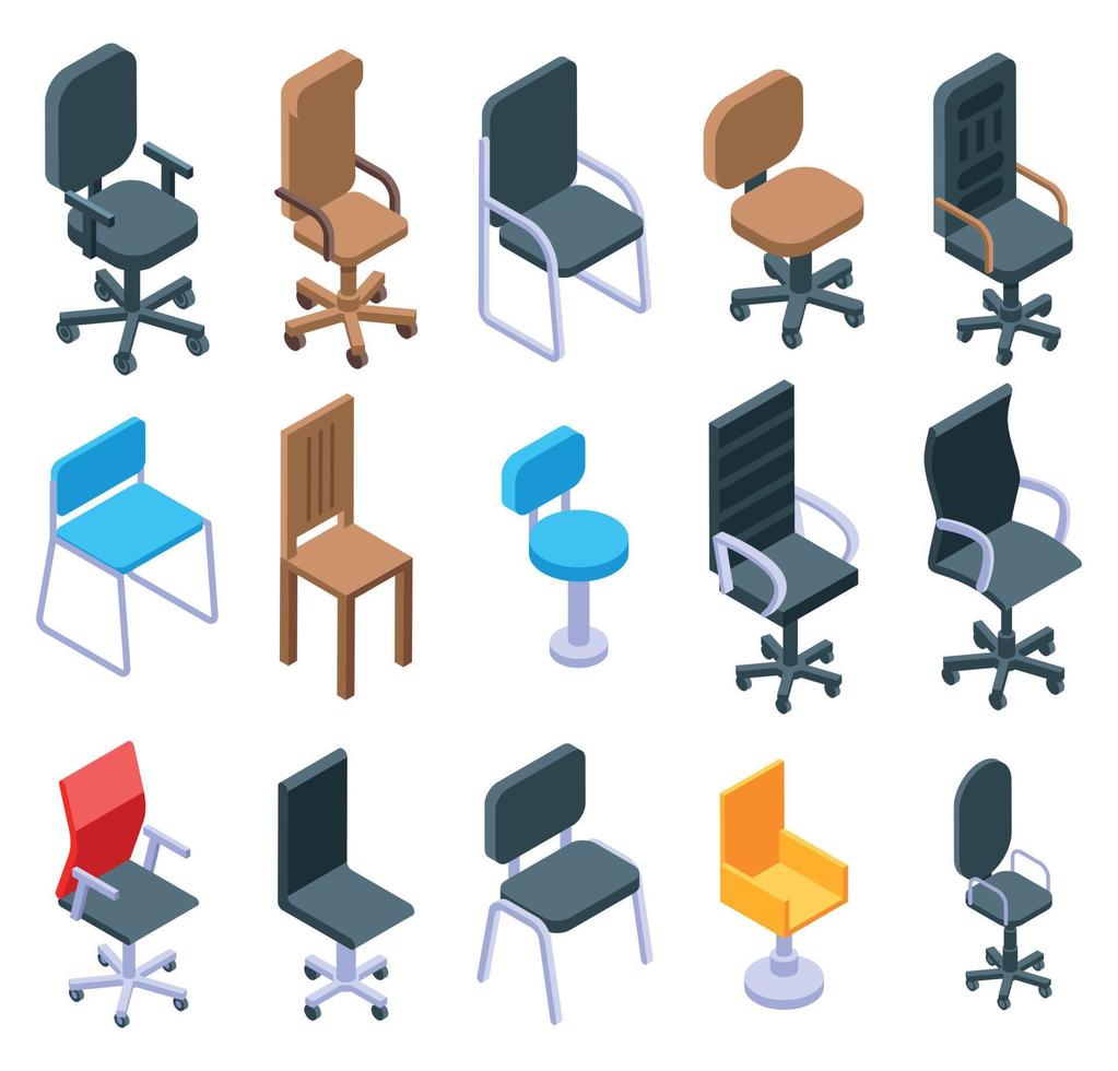 Desk chair icons set, isometric style vector