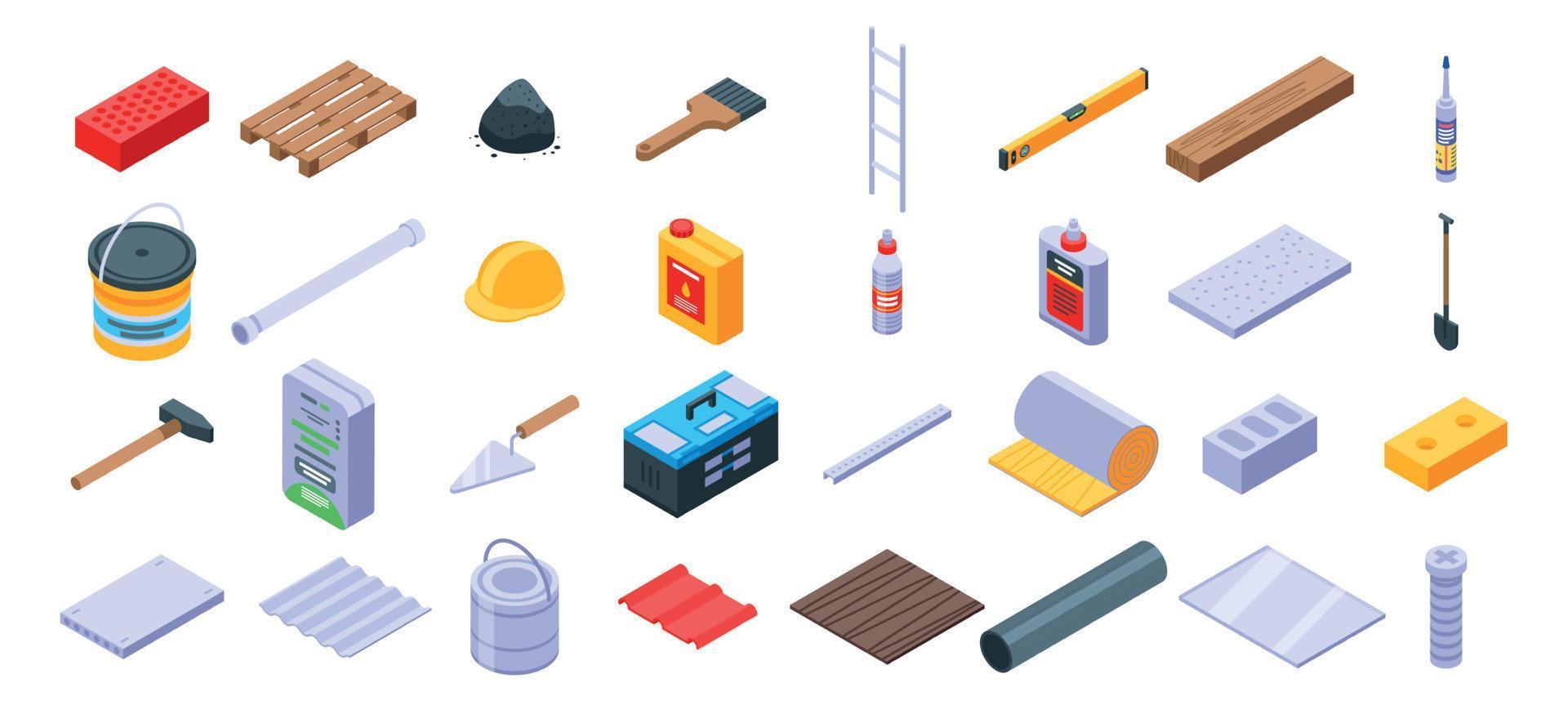 Construction materials icons set, isometric style vector