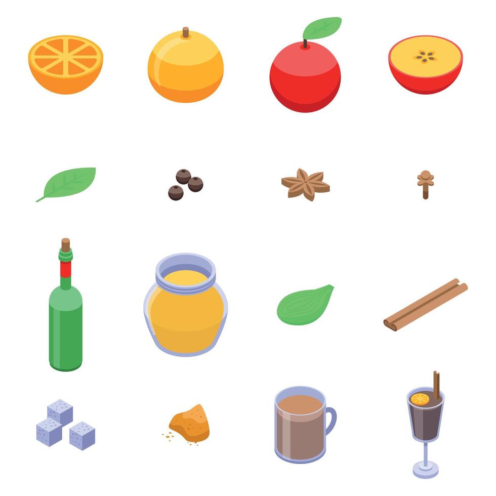 Mulled wine icons set, isometric style vector