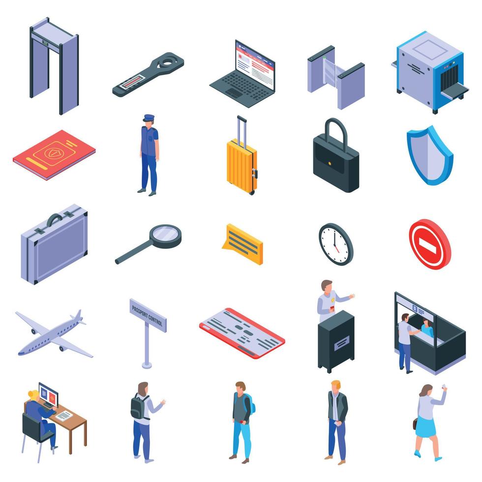 Passport control icons set, isometric style vector