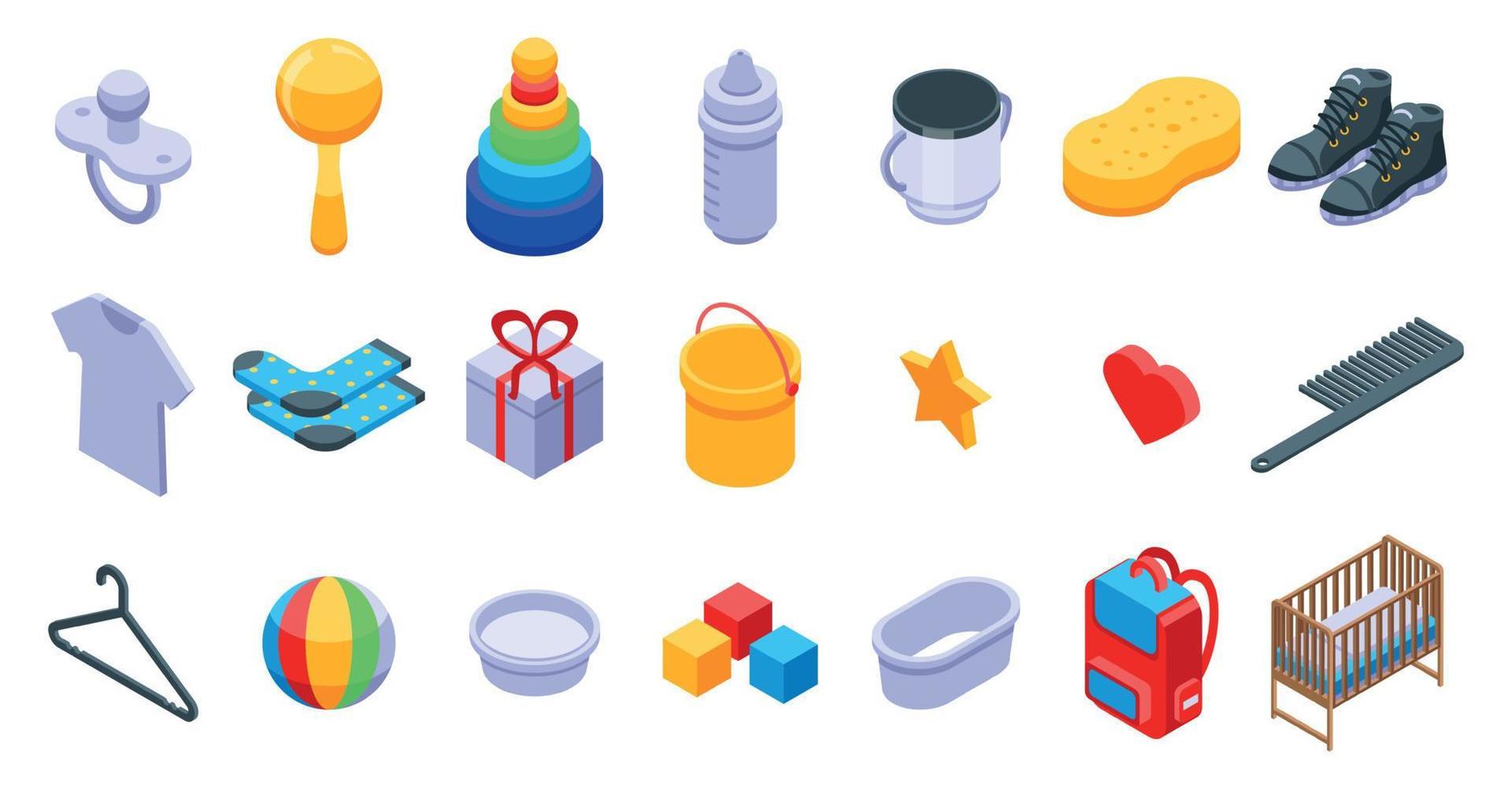 Baby items icons set, isometric style vector